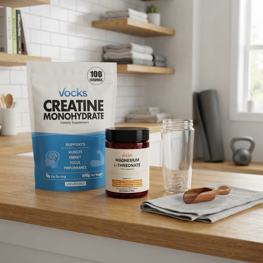 Vocks lifestyle collection — creatine, magnesium, black seed oil, and 5-MTHF