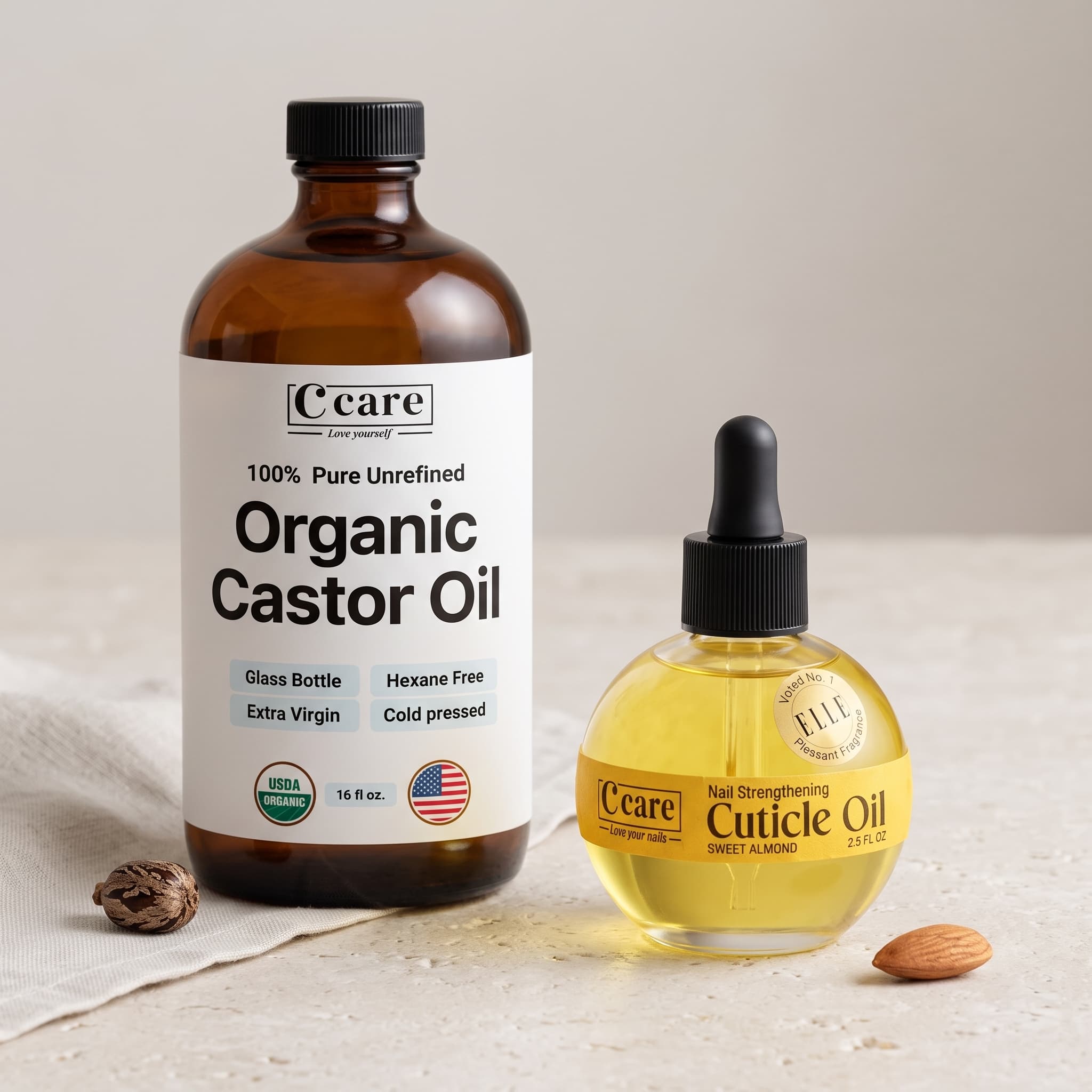 C Care Beauty product collection on vanity — cuticle oil, castor oil, cuticle remover, and lip oil
